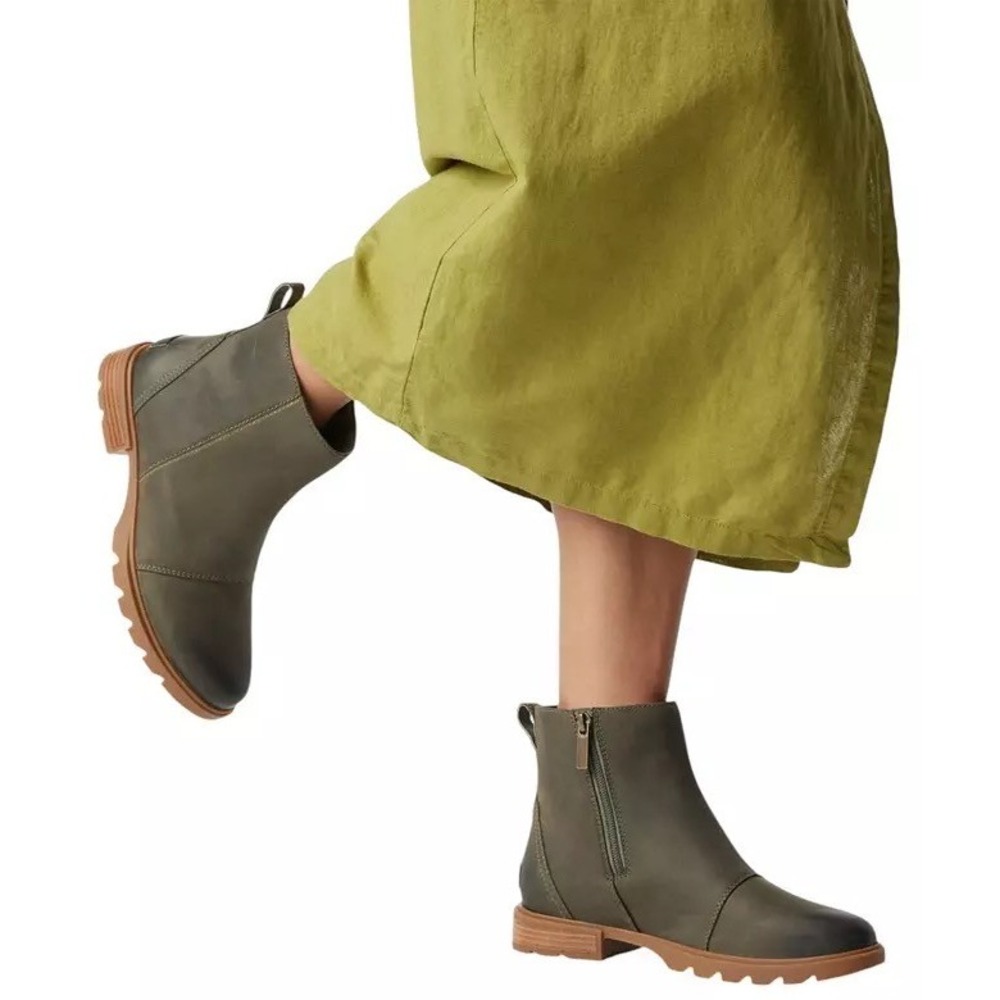 Sorel Emelie II Zip Sage Green Waterproof Leather Ankle Boots Women Lug Sole